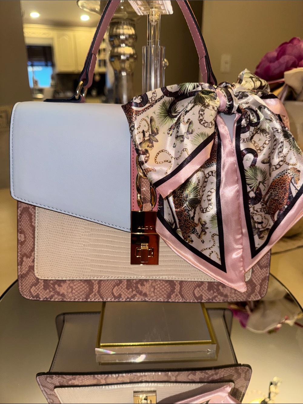 Structured Colorblock Top-Handle Bag with Decorative Scarf - Pink & Light Blue